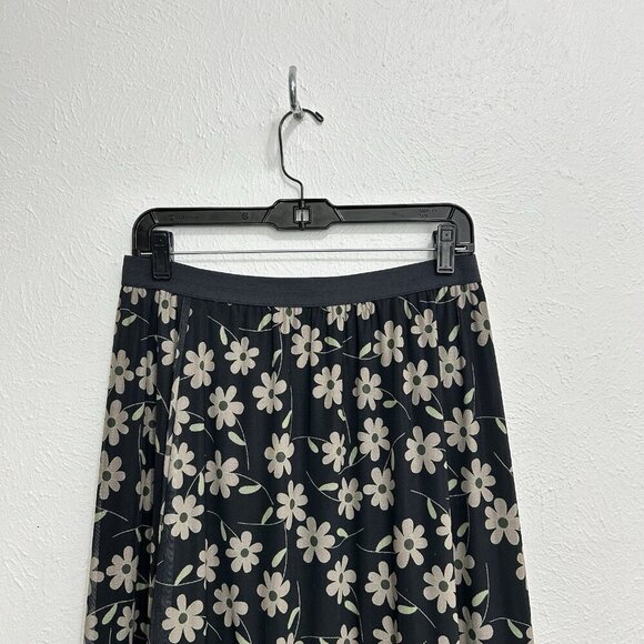 Easel Floral Tiered Ruffle Midi Skirt Chiffon Size L Lined Black Gray Boho Fairy - Picture 2 of 12
